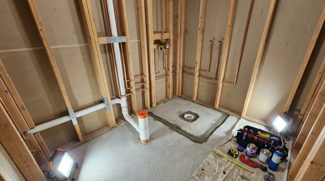 Bathroom rough-in plumbing during remodel by Johns Plumbing LLC in Alvord