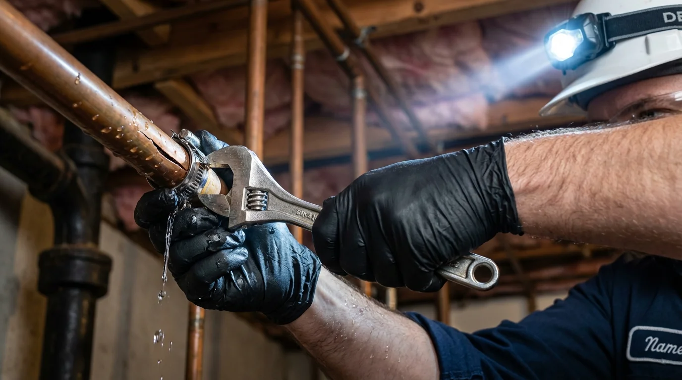 Emergency pipe clamp repair being performed by a Johns Plumbing LLC plumber in Alvord