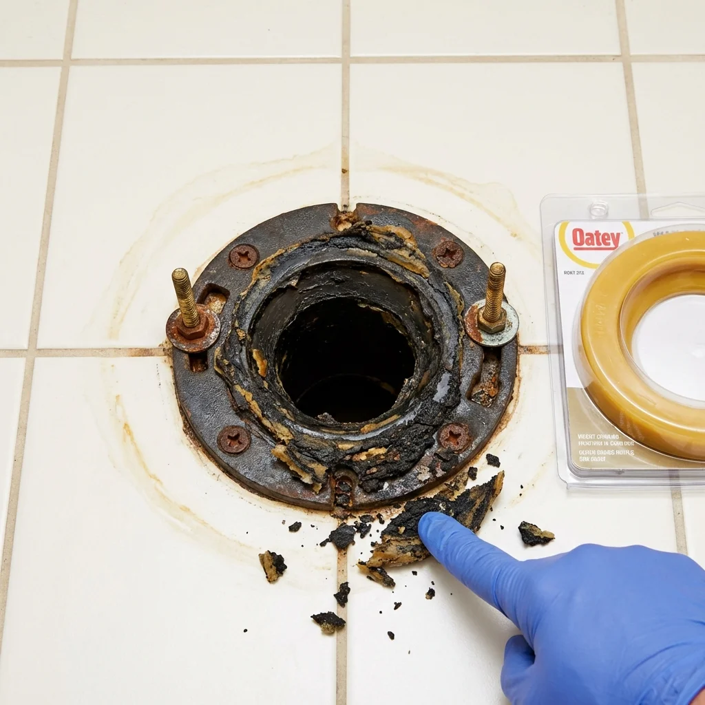 Failed wax ring showing water seepage at the base of a toilet in a Alvord, TX home