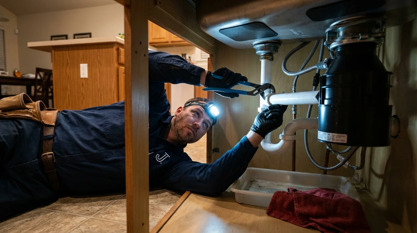 P-trap and supply line connections under a kitchen sink showing a common leak point in Alvord, TX